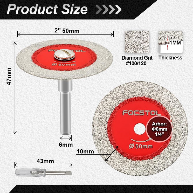 FOCSTOL Mini Diamond Glass Cutting Disc - 5pcs 2 Inch(50mm) Blade and 1pc 1/4 Inch(6mm) Round Shank for Glass Jade Marble Granite Artificial Stone Porcelain Tile Ceramic - Image 2